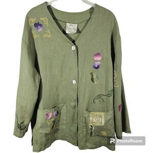 Play Alegre Hand-Painted  Lagenlook 100% Linen Women's Blouse Size ML